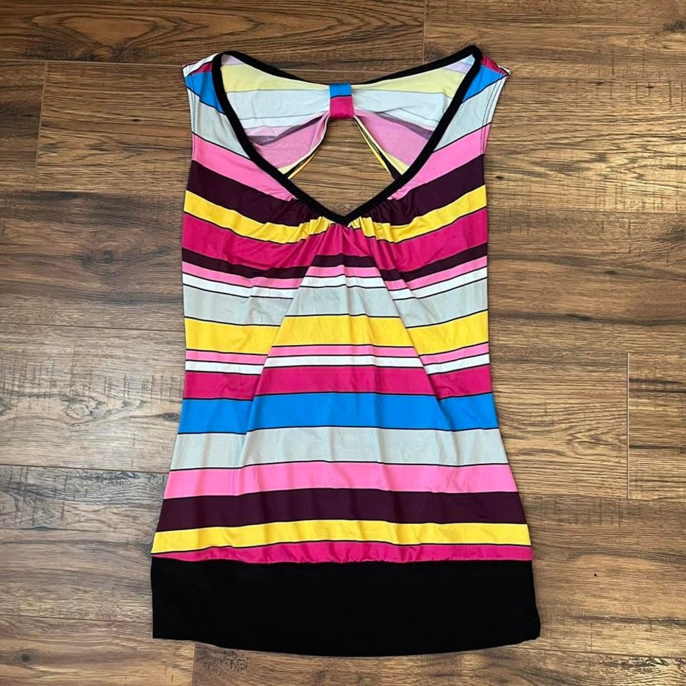 Vintage Y2K Sirens Tank Top Bright Colourful Stripes Medium Open‎ Back Coquette